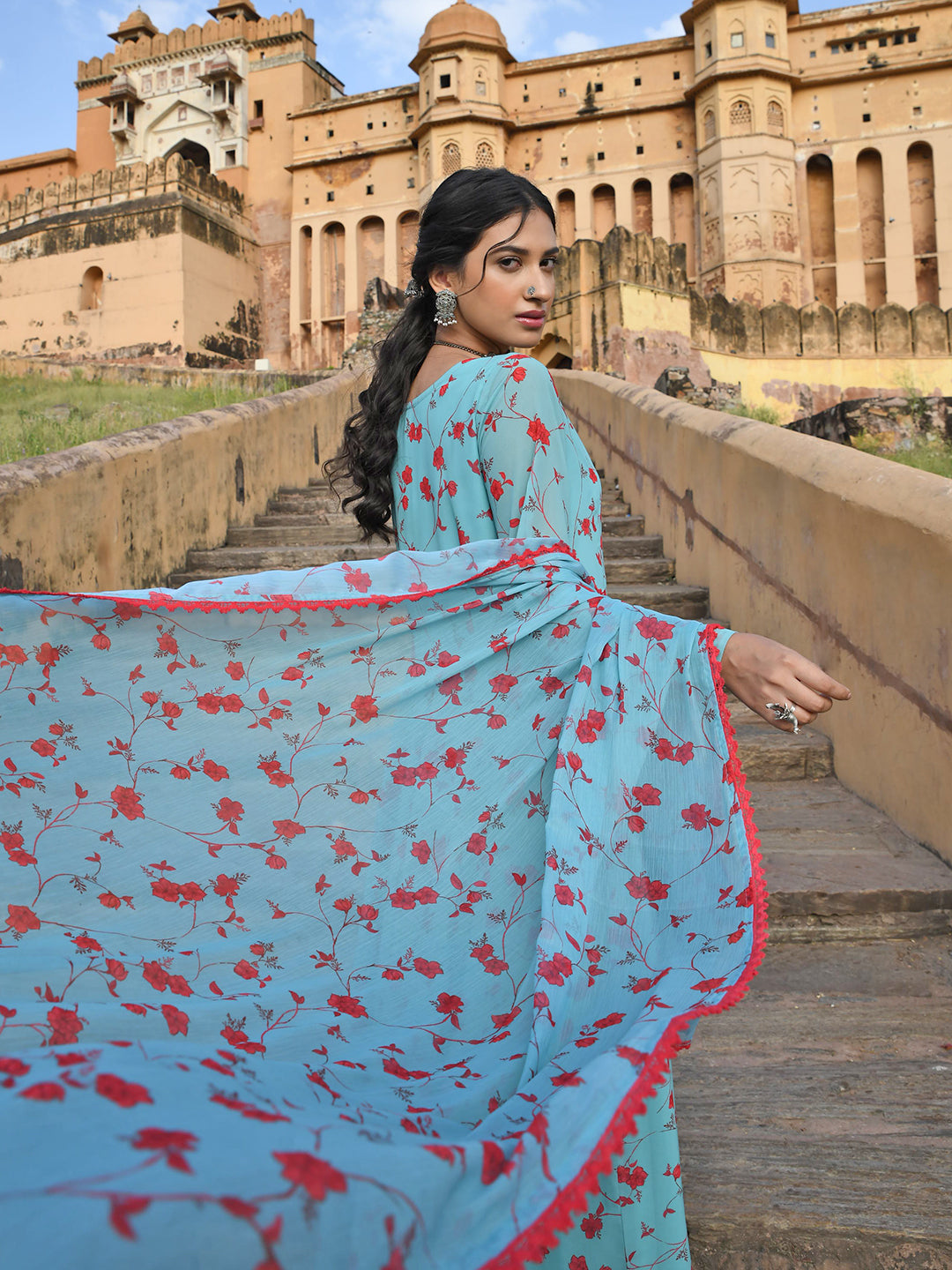Janasya Women's Sea Green Georgette Floral Print Kurta With Flared Palazzo And Dupatta - Distacart