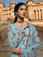 Janasya Women's Sea Green Georgette Floral Print Kurta With Flared Palazzo And Dupatta - Distacart