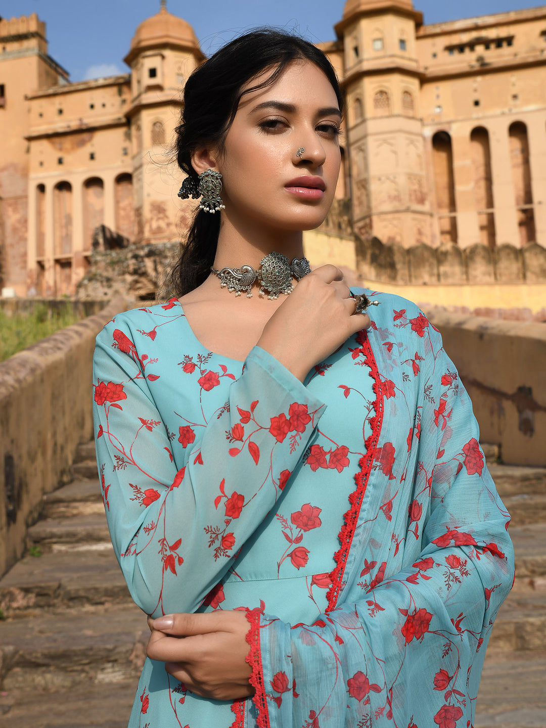Janasya Women's Sea Green Georgette Floral Print Kurta With Flared Palazzo And Dupatta - Distacart