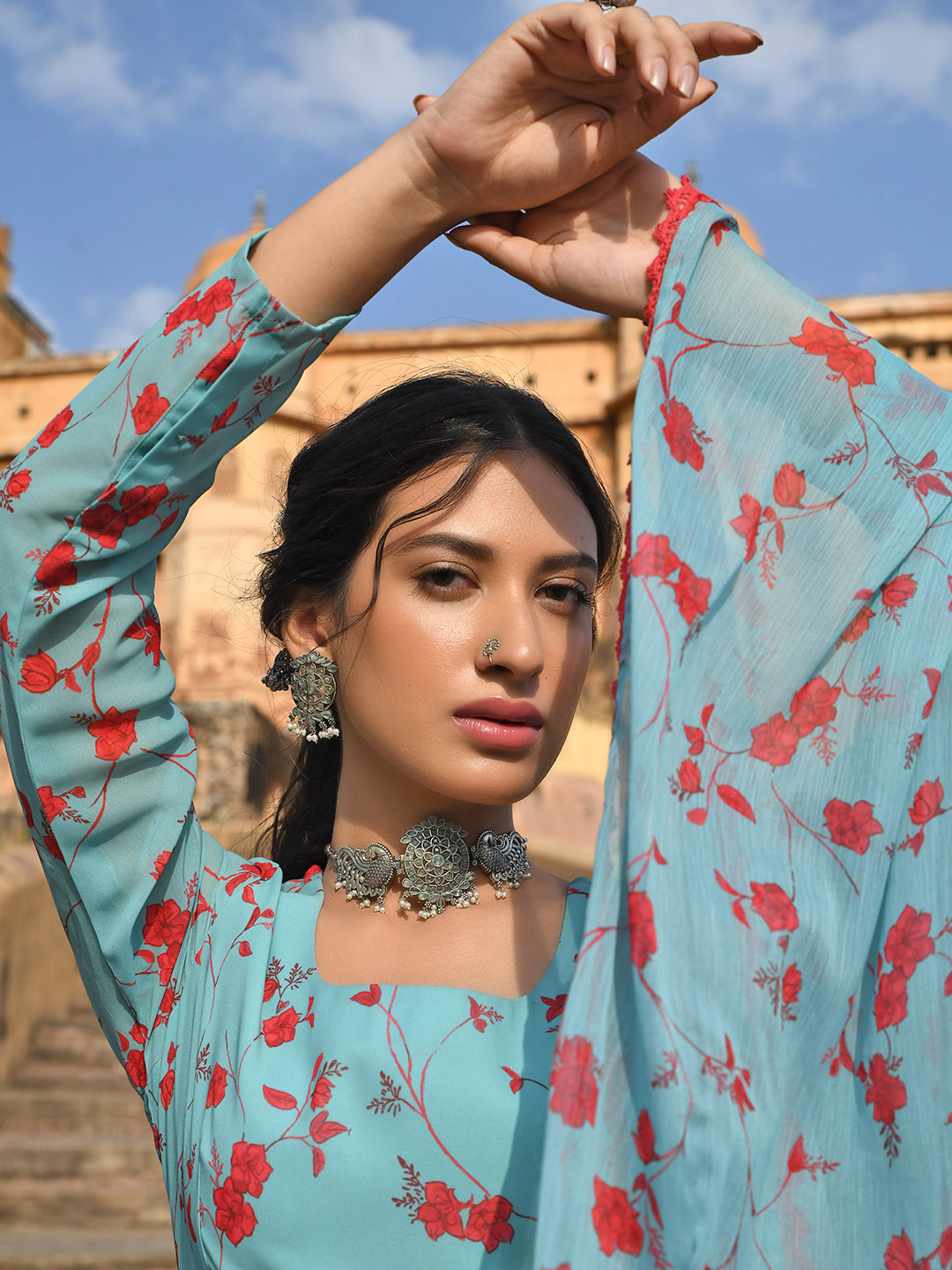 Janasya Women's Sea Green Georgette Floral Print Kurta With Flared Palazzo And Dupatta - Distacart