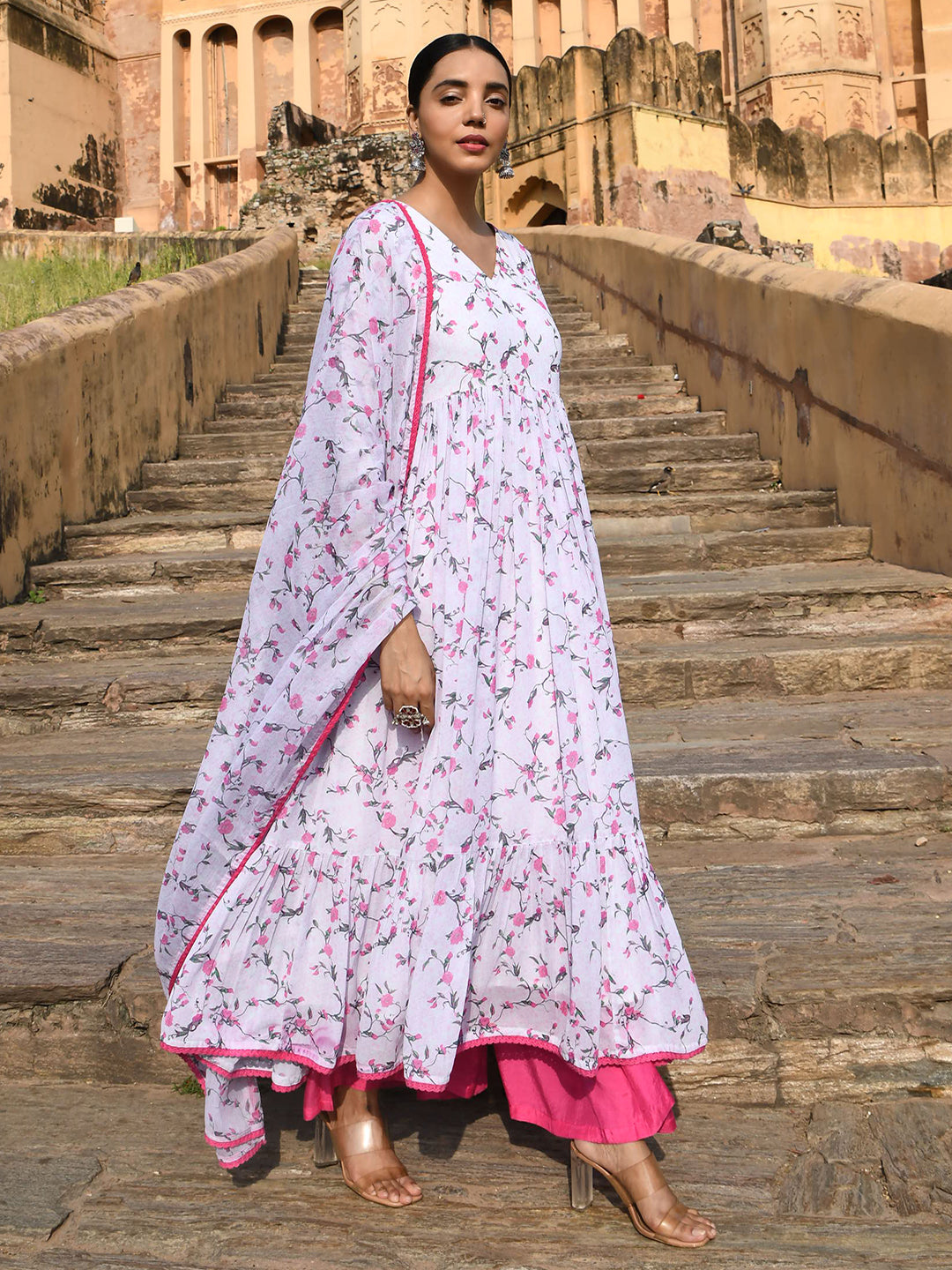 Janasya Women's White Georgette Floral Print Kurta With Flared Palazzo And Dupatta - Distacart