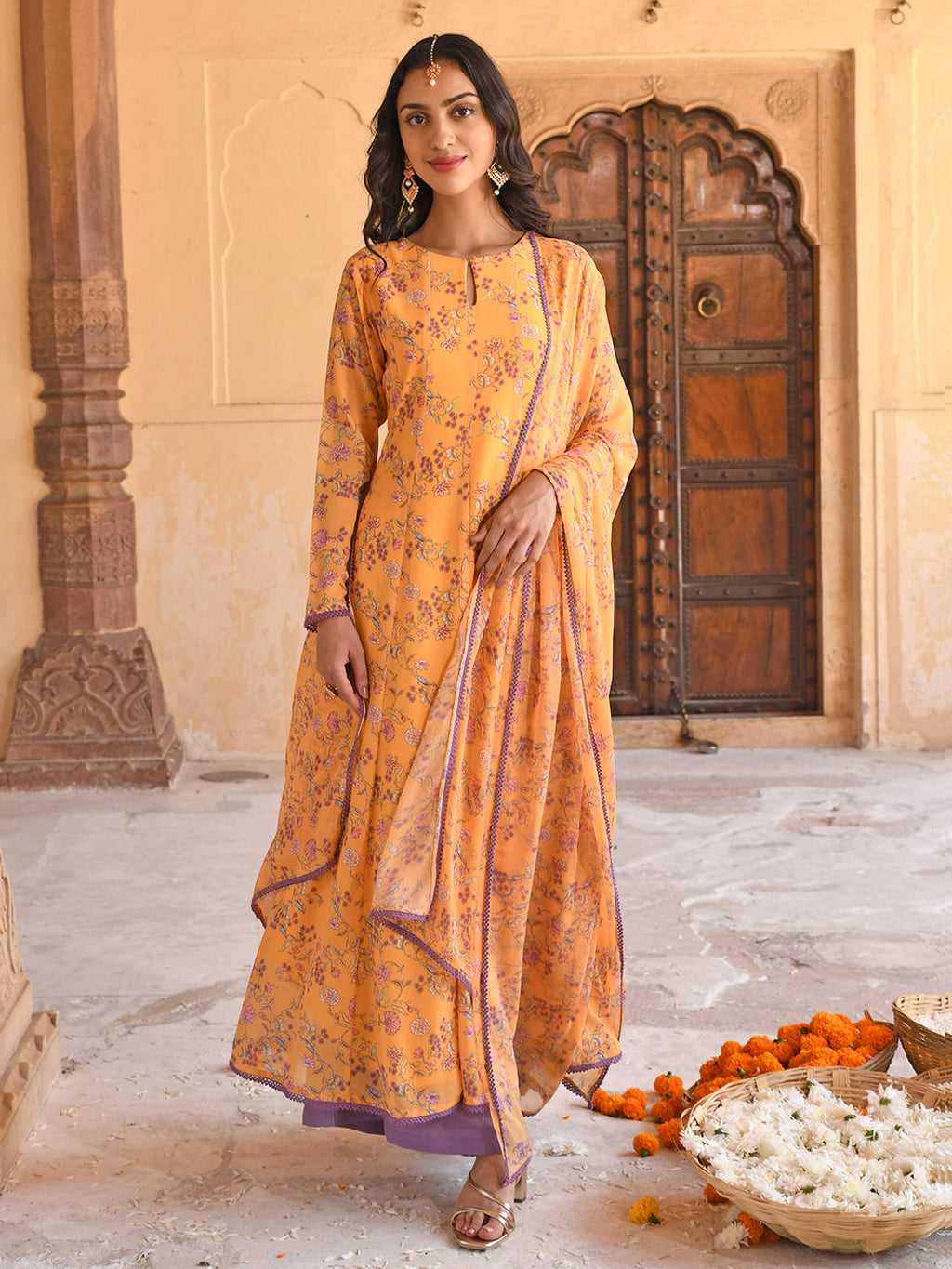 Janasya Women's Yellow Georgette Floral Print Kurta With Flared Palazzo And Dupatta - Distacart