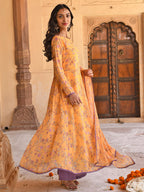 Janasya Women's Yellow Georgette Floral Print Kurta With Flared Palazzo And Dupatta - Distacart