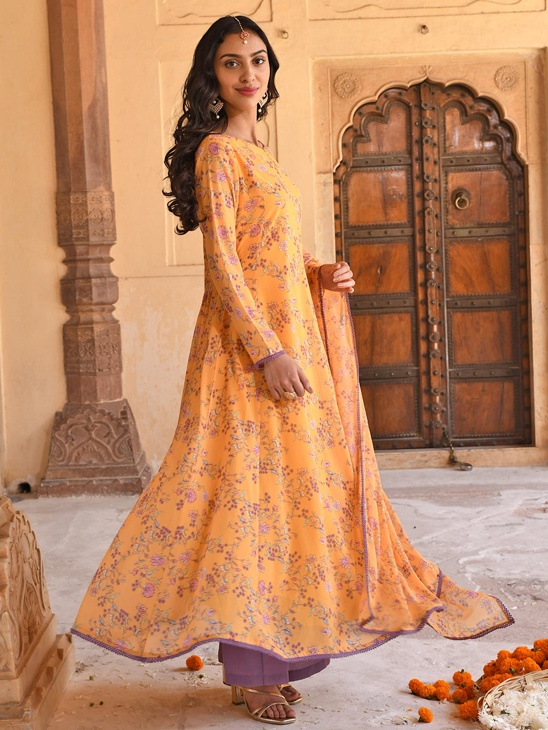 Janasya Women's Yellow Georgette Floral Print Kurta With Flared Palazzo And Dupatta - Distacart