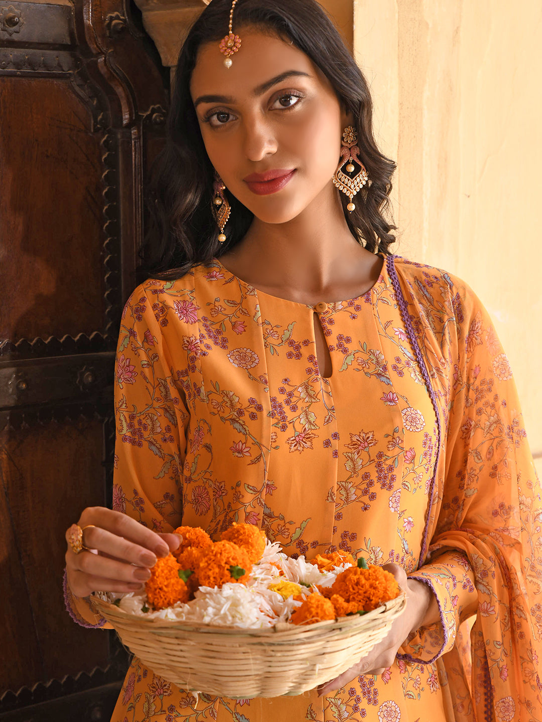 Janasya Women's Yellow Georgette Floral Print Kurta With Flared Palazzo And Dupatta - Distacart