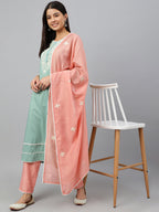 Janasya Women's Green Poly Silk Embroidered Kurta With Pant And Dupatta - Distacart