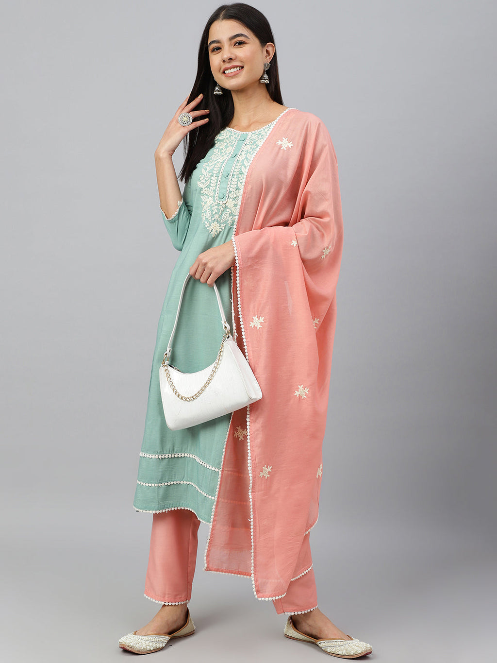 Janasya Women's Green Poly Silk Embroidered Kurta With Pant And Dupatta - Distacart