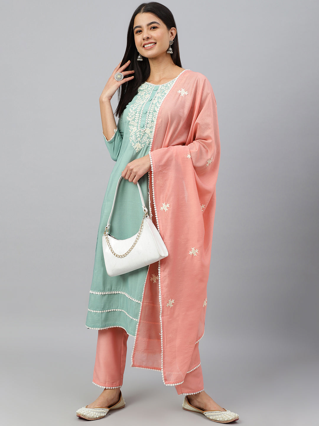 Janasya Women's Green Poly Silk Embroidered Kurta With Pant And Dupatta - Distacart