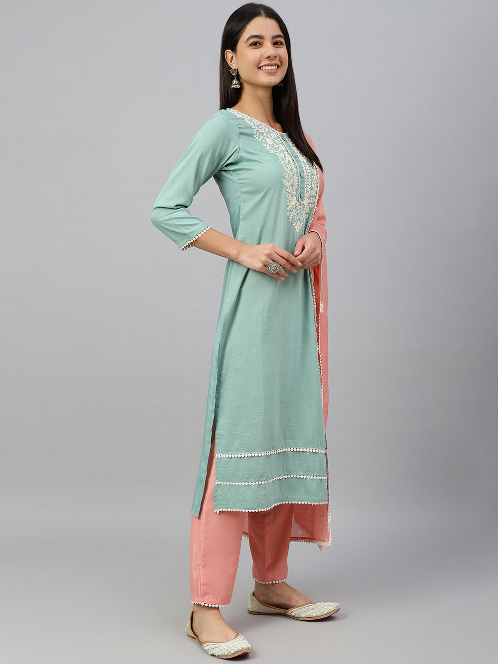 Janasya Women's Green Poly Silk Embroidered Kurta With Pant And Dupatta - Distacart