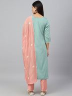 Janasya Women's Green Poly Silk Embroidered Kurta With Pant And Dupatta - Distacart