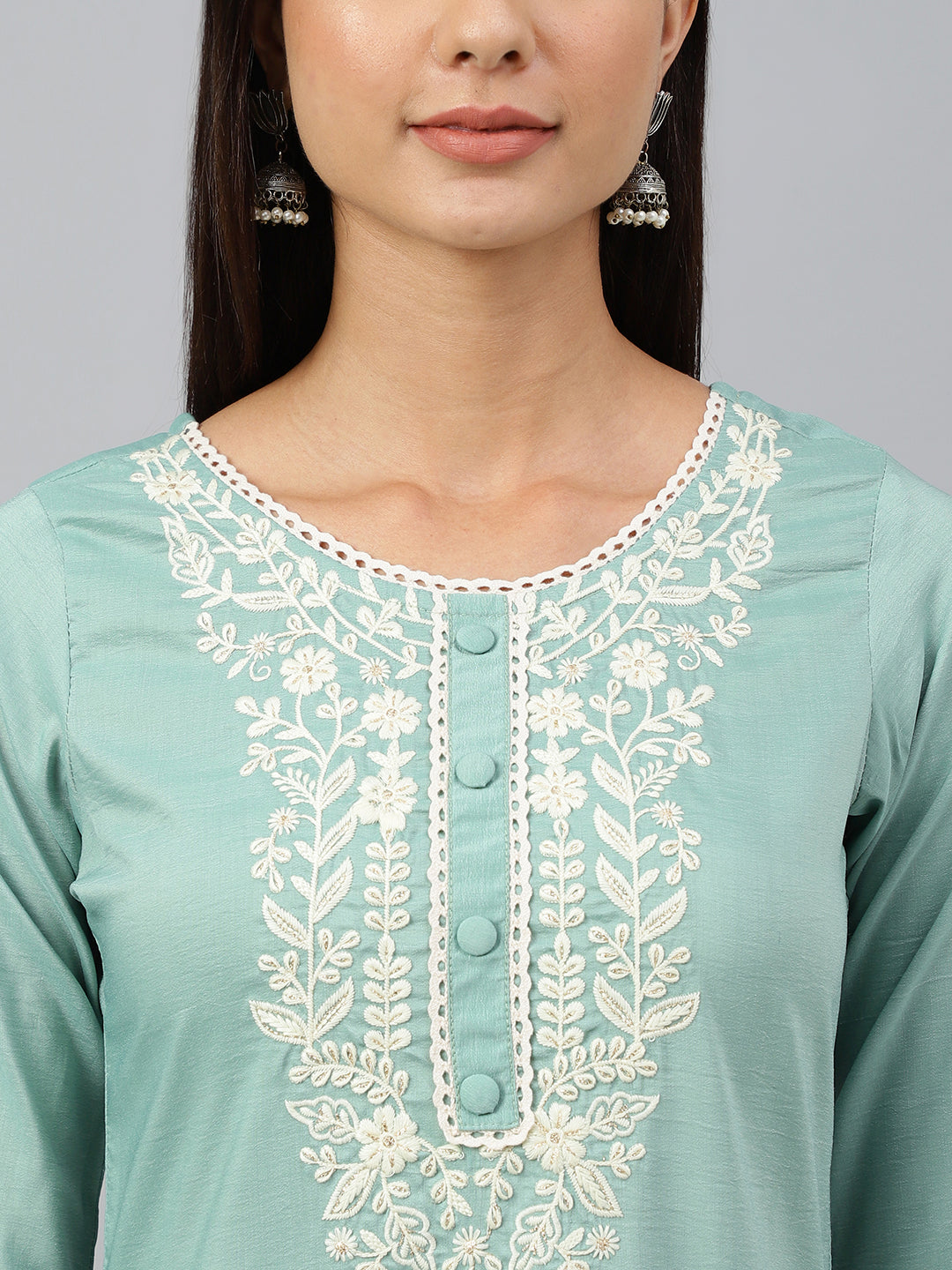 Janasya Women's Green Poly Silk Embroidered Kurta With Pant And Dupatta - Distacart