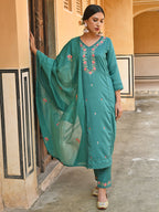 Janasya Women's Green Poly Silk Floral Embroidered Kurta With Pant And Dupatta - Distacart
