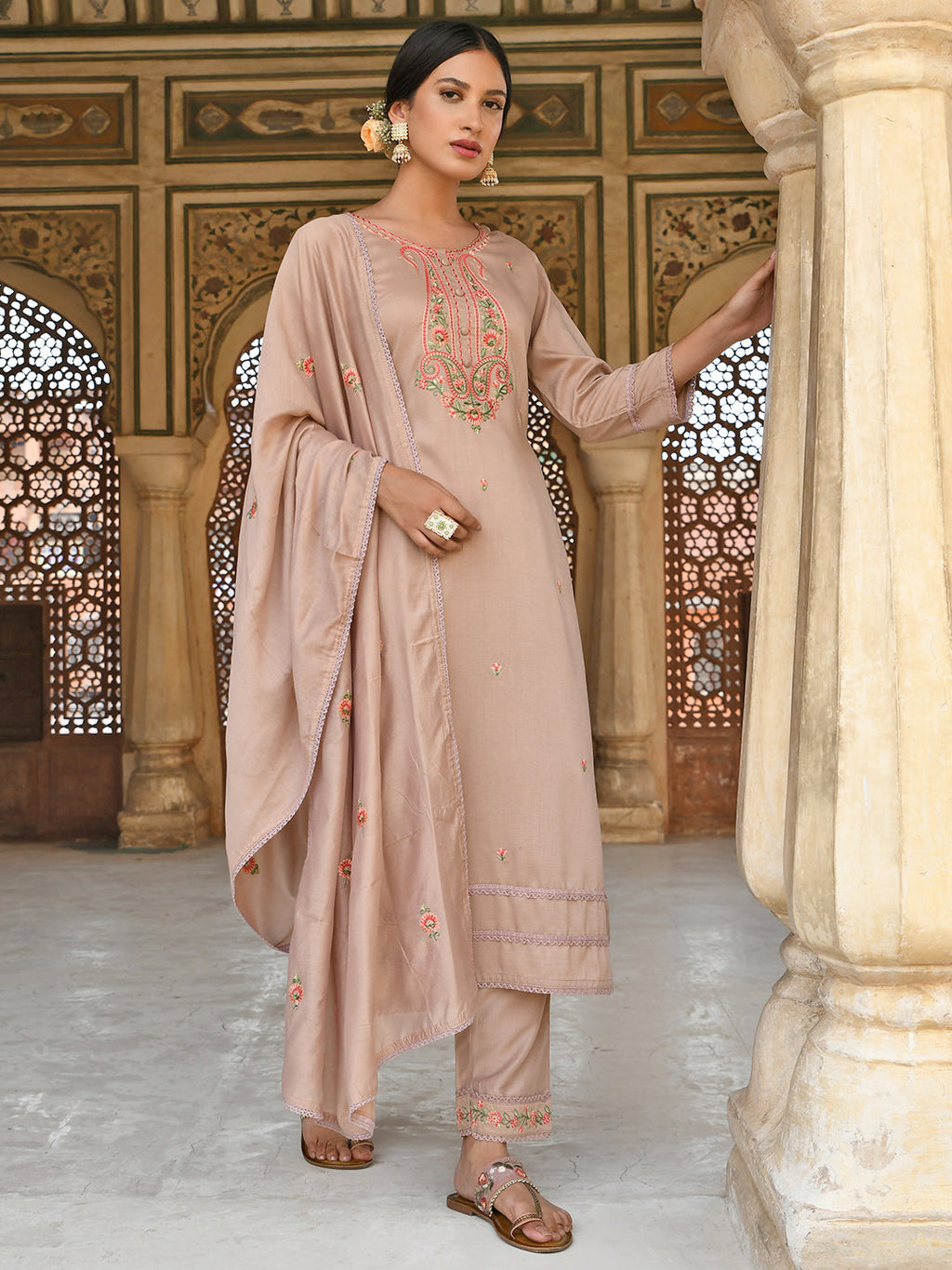Janasya Women's Rose Gold Poly Silk Floral Embroidery Kurta With Pant And Dupatta - Distacart