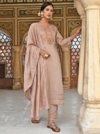 Janasya Women's Rose Gold Poly Silk Floral Embroidery Kurta With Pant And Dupatta - Distacart