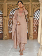 Janasya Women's Rose Gold Poly Silk Floral Embroidery Kurta With Pant And Dupatta - Distacart