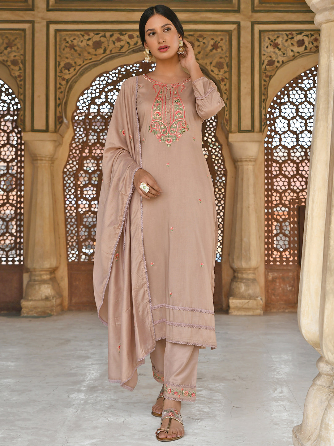 Janasya Women's Rose Gold Poly Silk Floral Embroidery Kurta With Pant And Dupatta - Distacart
