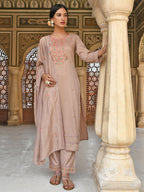 Janasya Women's Rose Gold Poly Silk Floral Embroidery Kurta With Pant And Dupatta - Distacart