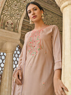 Janasya Women's Rose Gold Poly Silk Floral Embroidery Kurta With Pant And Dupatta - Distacart