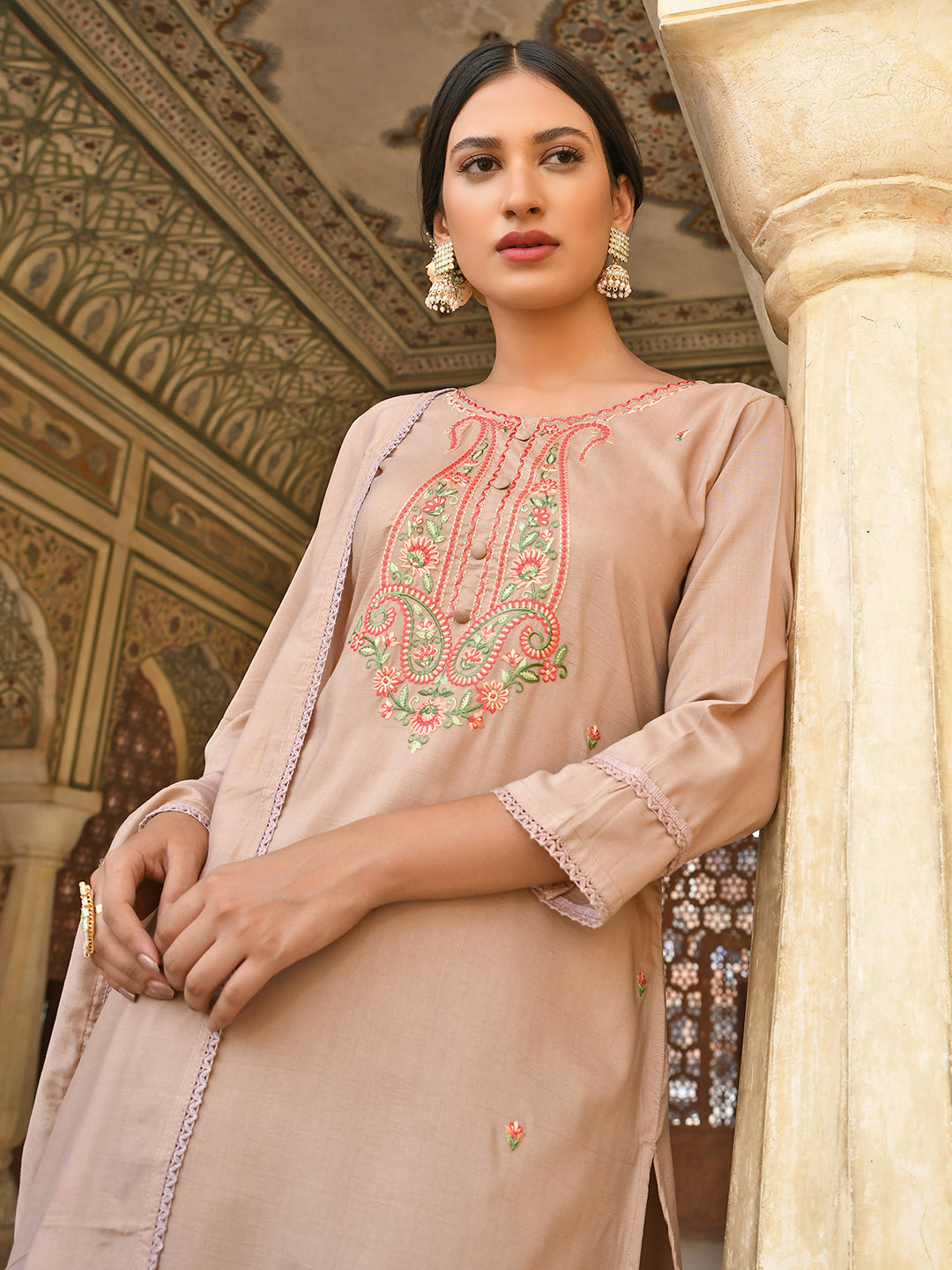 Janasya Women's Rose Gold Poly Silk Floral Embroidery Kurta With Pant And Dupatta - Distacart