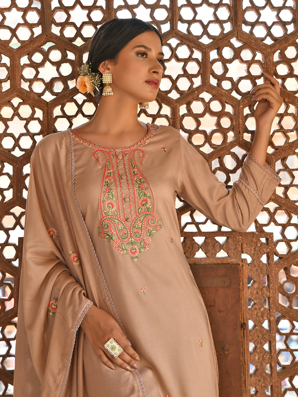 Janasya Women's Rose Gold Poly Silk Floral Embroidery Kurta With Pant And Dupatta - Distacart