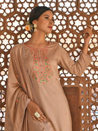 Janasya Women's Rose Gold Poly Silk Floral Embroidery Kurta With Pant And Dupatta - Distacart