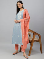Janasya Women's Grey Poly Silk Floral Embroidery Kurta With Pant And Dupatta - Distacart