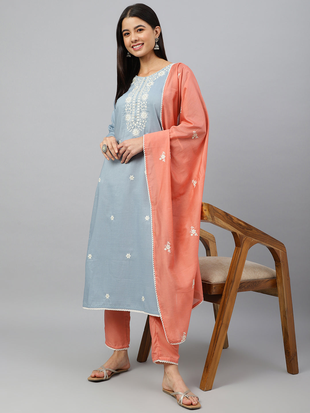 Janasya Women's Grey Poly Silk Floral Embroidery Kurta With Pant And Dupatta - Distacart