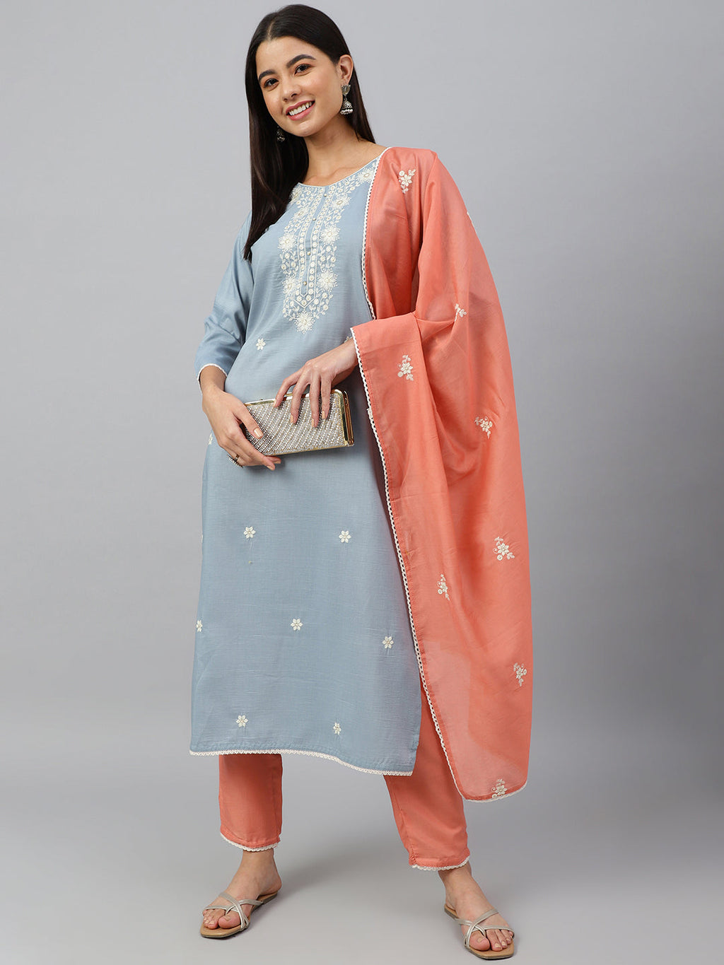 Janasya Women's Grey Poly Silk Floral Embroidery Kurta With Pant And Dupatta - Distacart