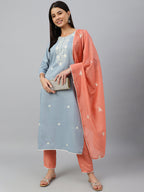 Janasya Women's Grey Poly Silk Floral Embroidery Kurta With Pant And Dupatta - Distacart
