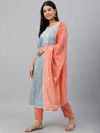 Janasya Women's Grey Poly Silk Floral Embroidery Kurta With Pant And Dupatta - Distacart