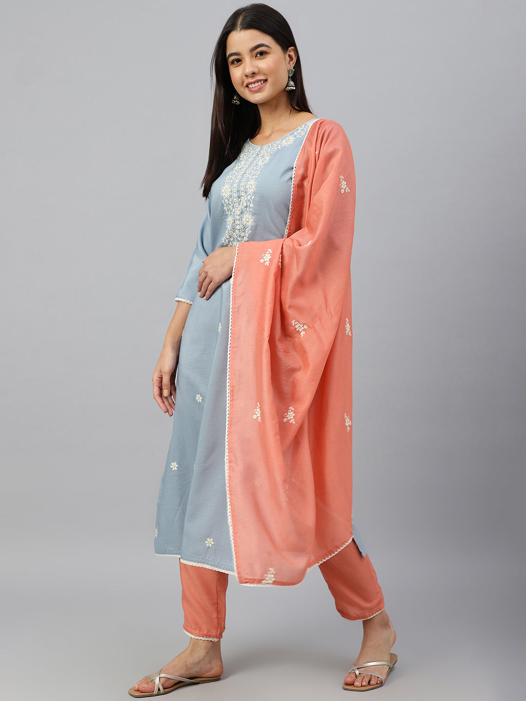Janasya Women's Grey Poly Silk Floral Embroidery Kurta With Pant And Dupatta - Distacart