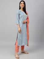 Janasya Women's Grey Poly Silk Floral Embroidery Kurta With Pant And Dupatta - Distacart