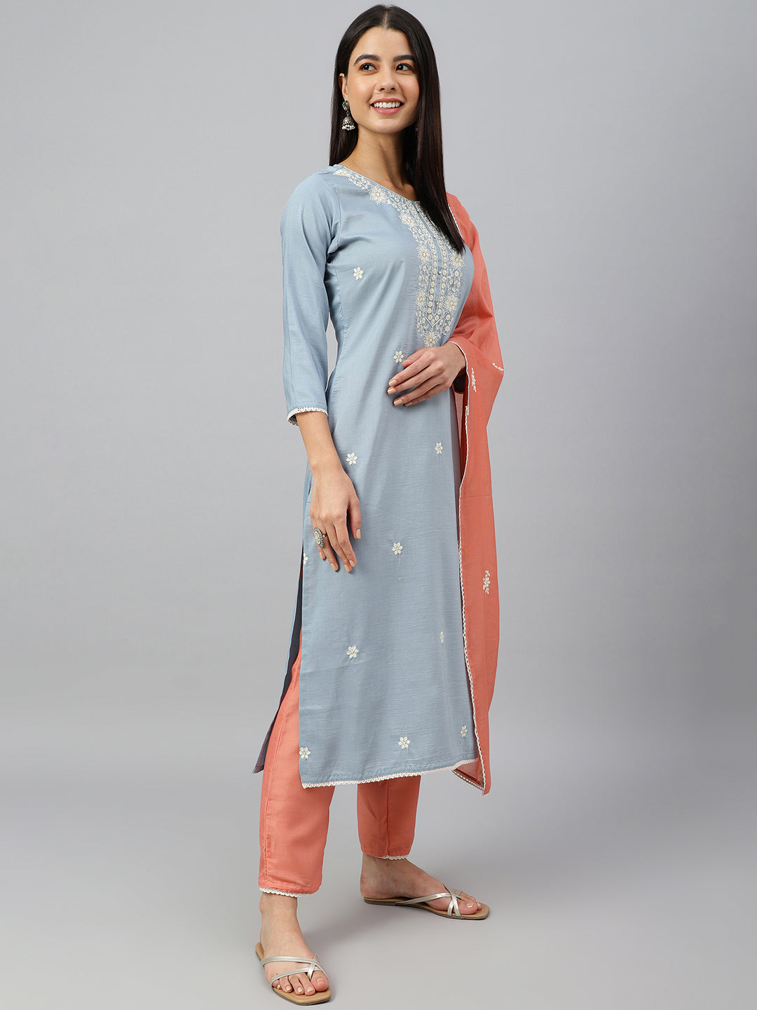 Janasya Women's Grey Poly Silk Floral Embroidery Kurta With Pant And Dupatta - Distacart