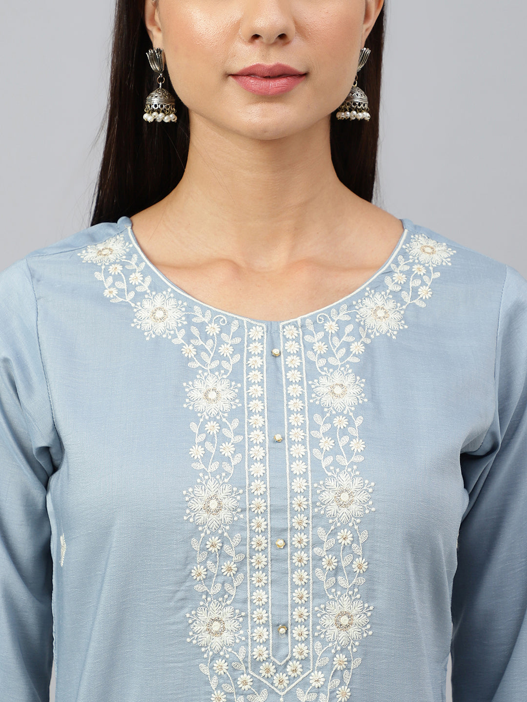 Janasya Women's Grey Poly Silk Floral Embroidery Kurta With Pant And Dupatta - Distacart