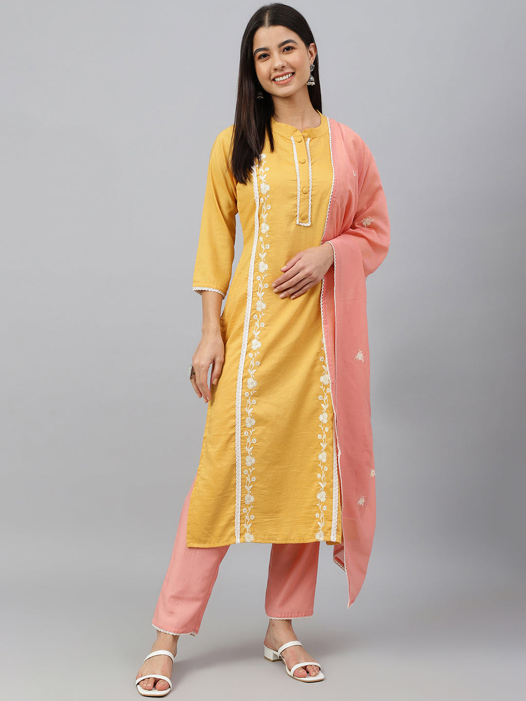 Janasya Women's Mustard Poly Silk Floral Embroidery Kurta With Pant And Dupatta - Distacart