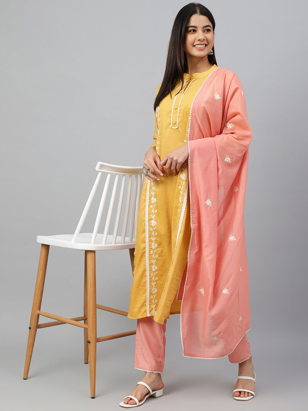 Janasya Women's Mustard Poly Silk Floral Embroidery Kurta With Pant And Dupatta - Distacart