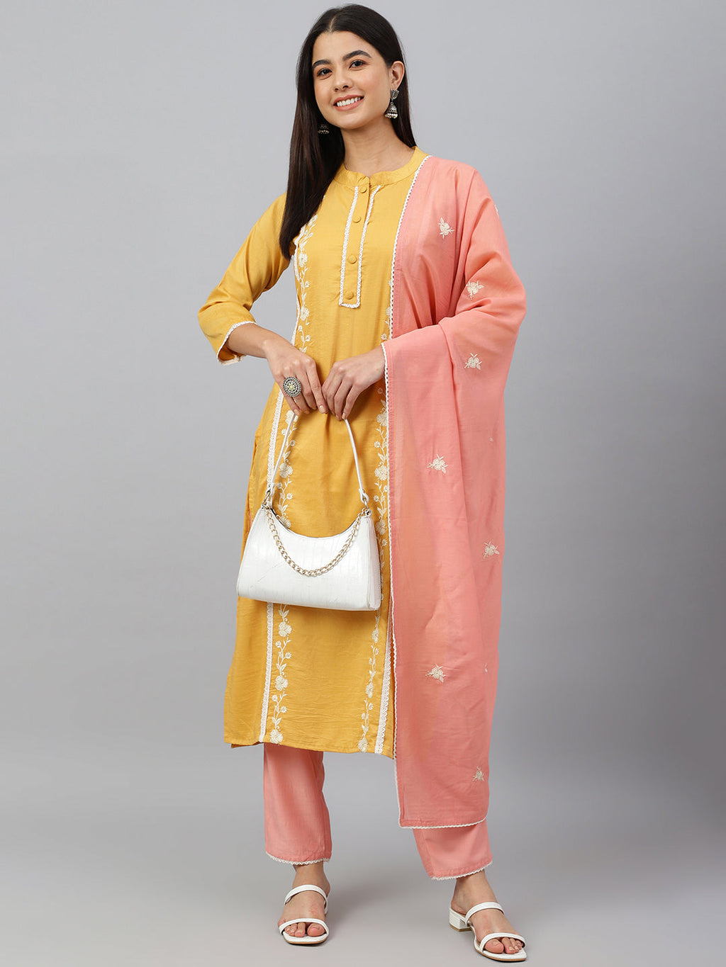 Janasya Women's Mustard Poly Silk Floral Embroidery Kurta With Pant And Dupatta - Distacart