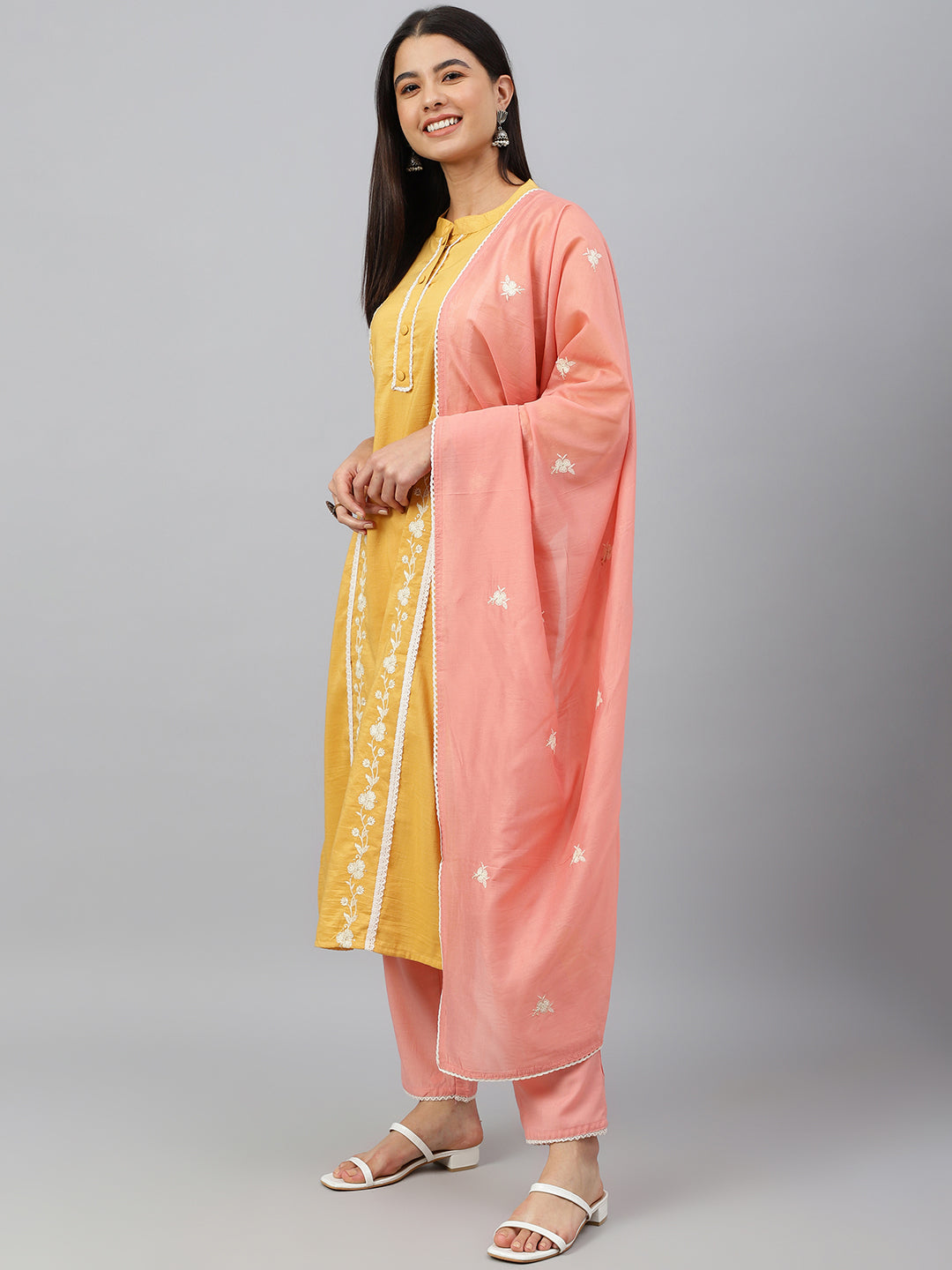 Janasya Women's Mustard Poly Silk Floral Embroidery Kurta With Pant And Dupatta - Distacart