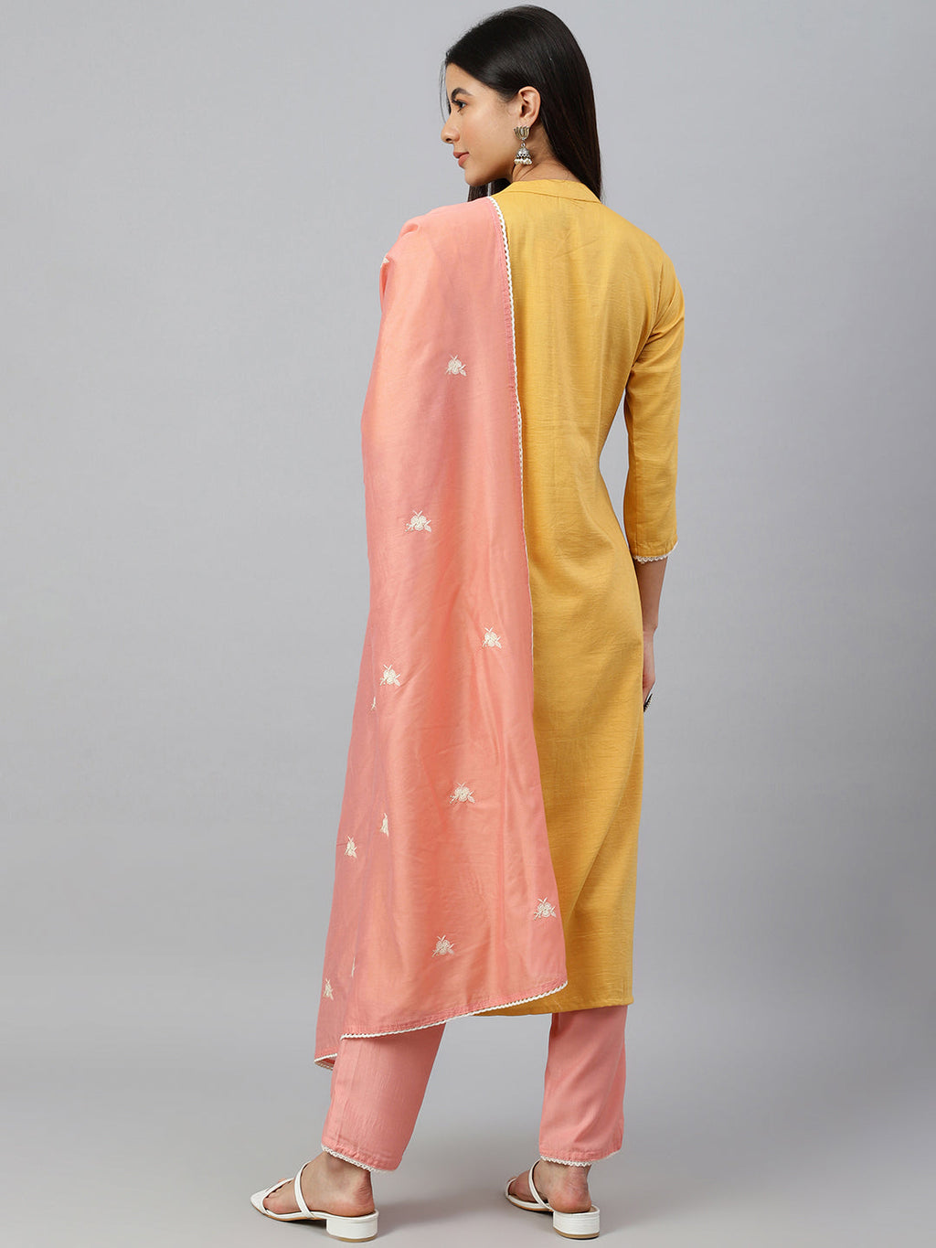 Janasya Women's Mustard Poly Silk Floral Embroidery Kurta With Pant And Dupatta - Distacart