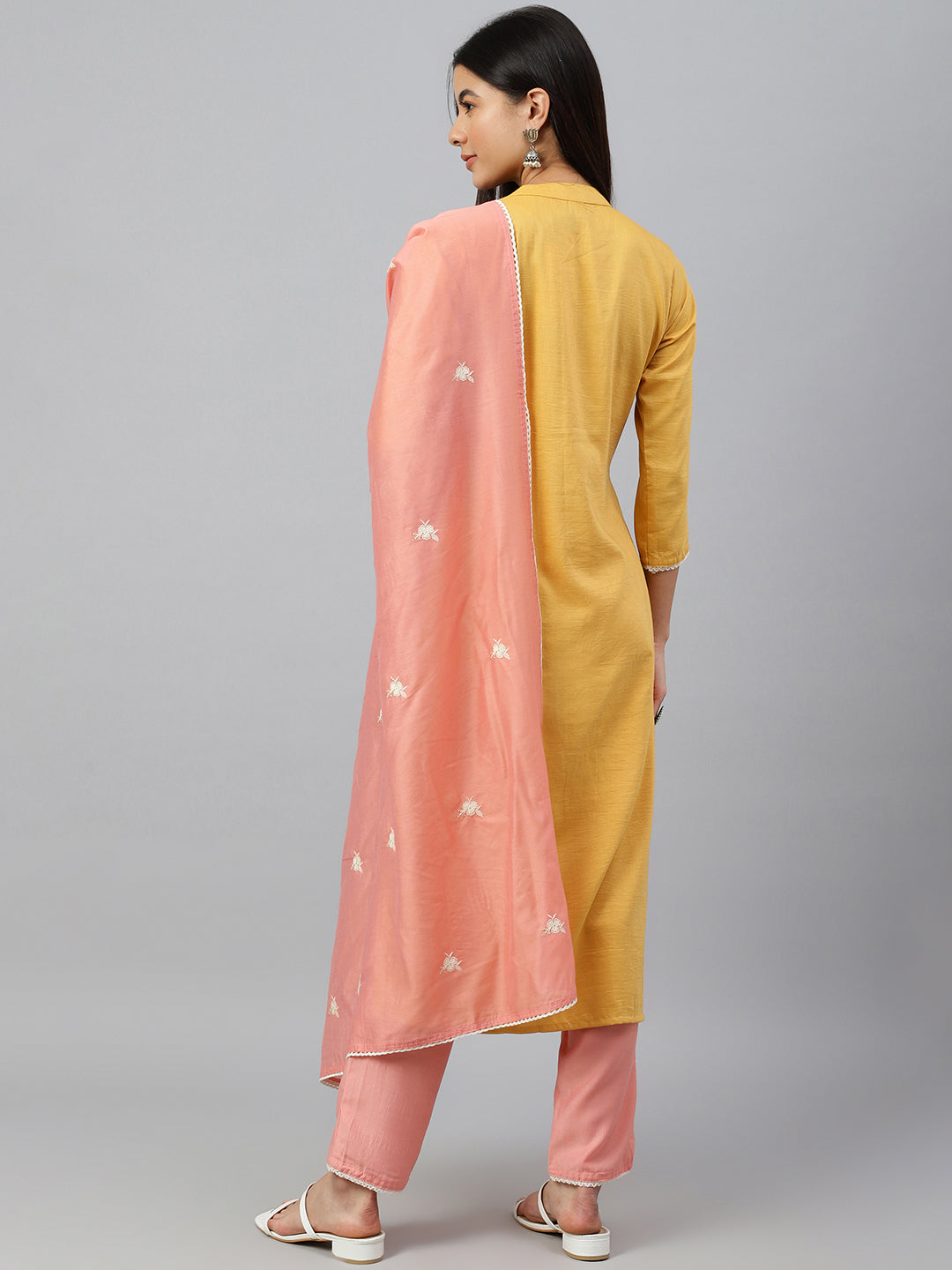 Janasya Women's Mustard Poly Silk Floral Embroidery Kurta With Pant And Dupatta - Distacart