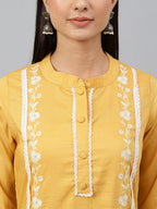 Janasya Women's Mustard Poly Silk Floral Embroidery Kurta With Pant And Dupatta - Distacart