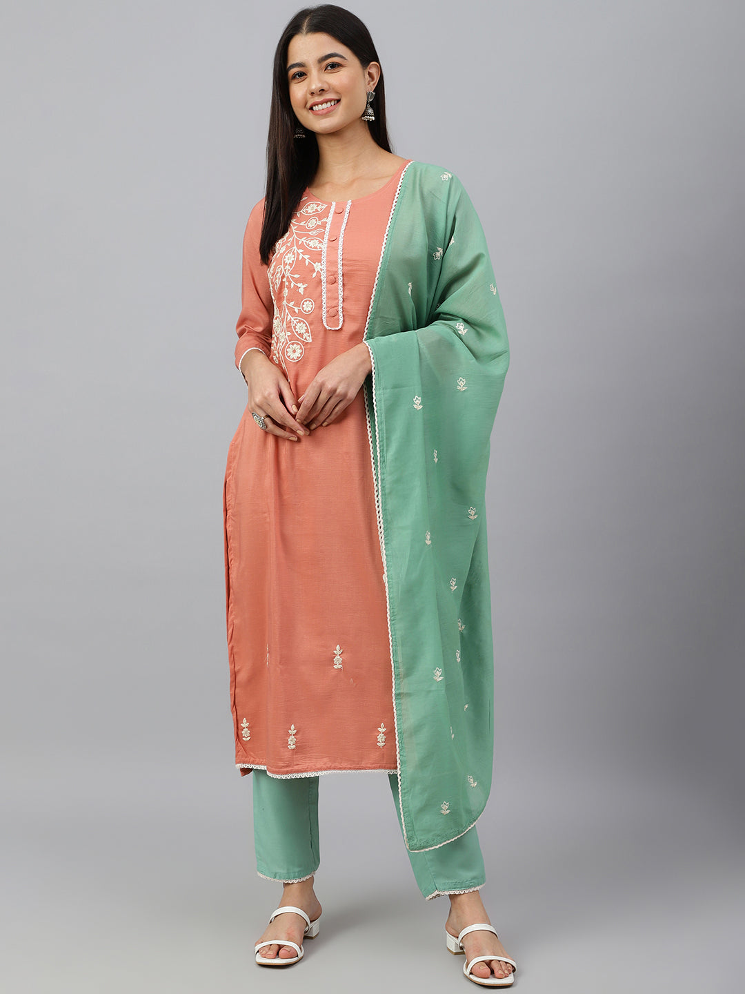 Janasya Women's Coral Poly Silk Floral Embroidery Kurta With Pant And Dupatta - Distacart
