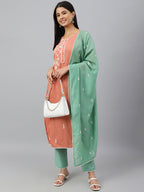 Janasya Women's Coral Poly Silk Floral Embroidery Kurta With Pant And Dupatta - Distacart