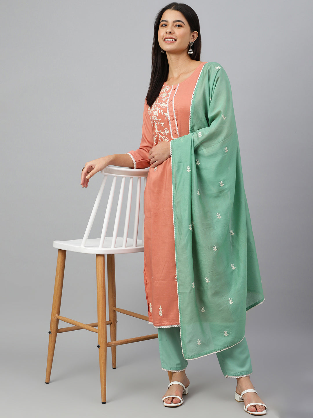 Janasya Women's Coral Poly Silk Floral Embroidery Kurta With Pant And Dupatta - Distacart