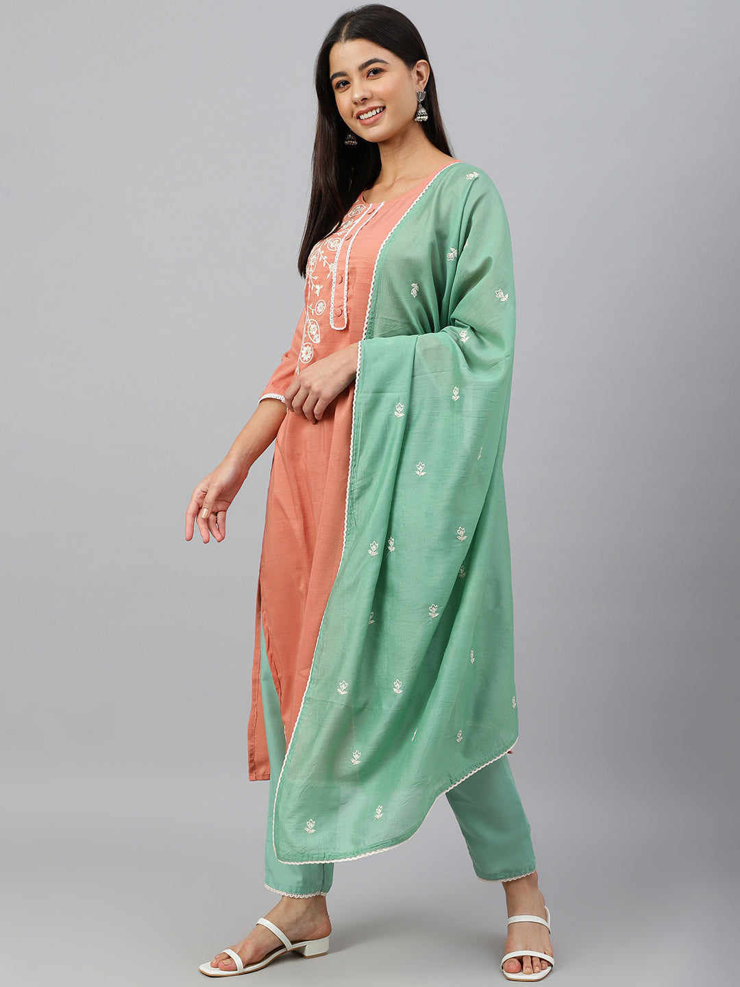 Janasya Women's Coral Poly Silk Floral Embroidery Kurta With Pant And Dupatta - Distacart