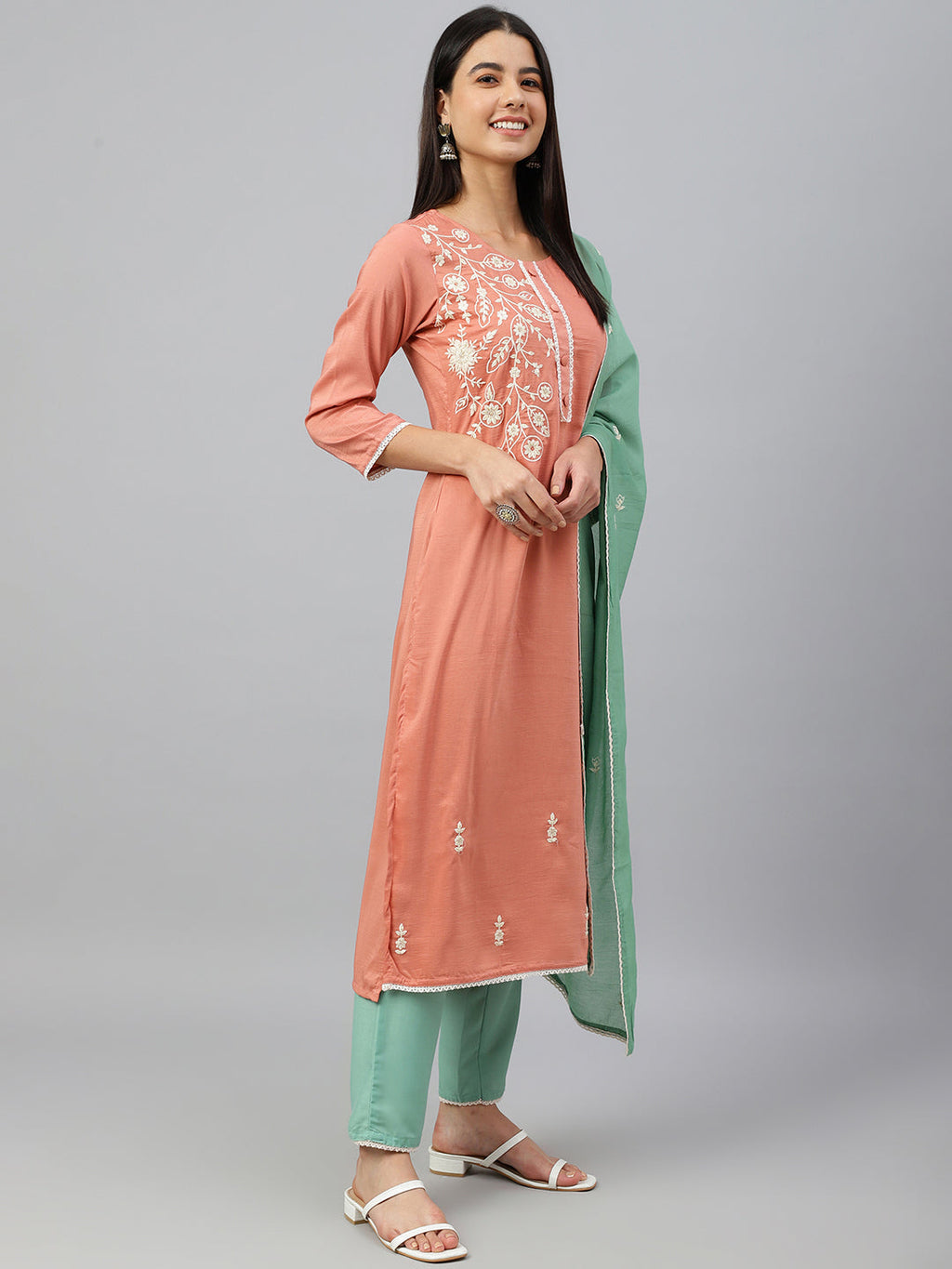 Janasya Women's Coral Poly Silk Floral Embroidery Kurta With Pant And Dupatta - Distacart