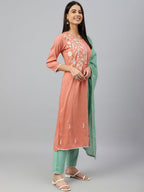 Janasya Women's Coral Poly Silk Floral Embroidery Kurta With Pant And Dupatta - Distacart