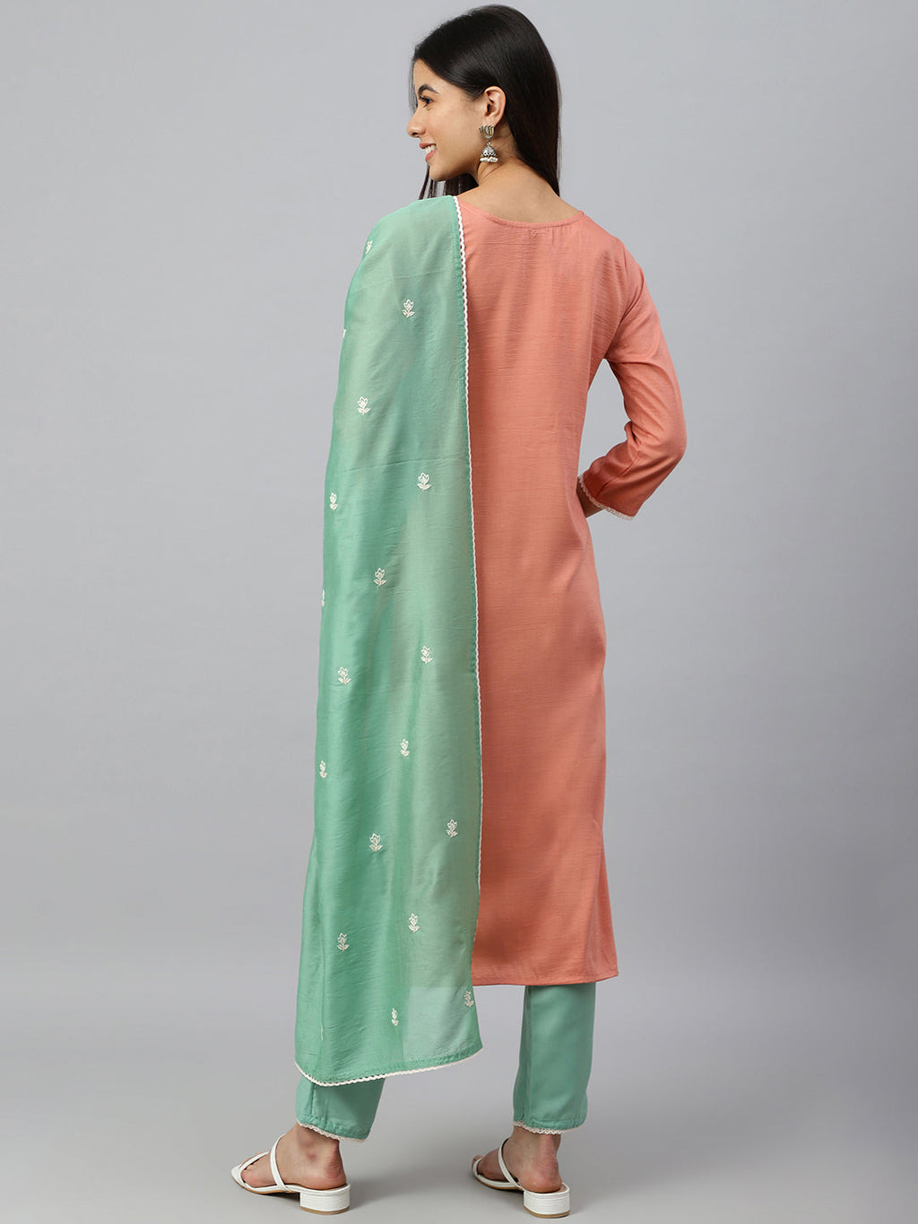 Janasya Women's Coral Poly Silk Floral Embroidery Kurta With Pant And Dupatta - Distacart