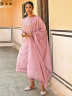 Janasya Women's Mauve Poly Silk Floral Embroidery Kurta With Pant And Dupatta - Distacart