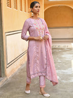 Janasya Women's Mauve Poly Silk Floral Embroidery Kurta With Pant And Dupatta - Distacart